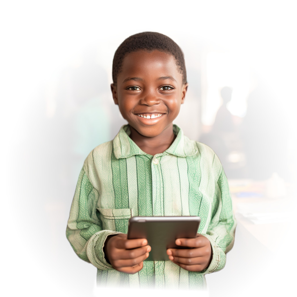 Ghanaian primary student holding a tablet with an e-learning game.