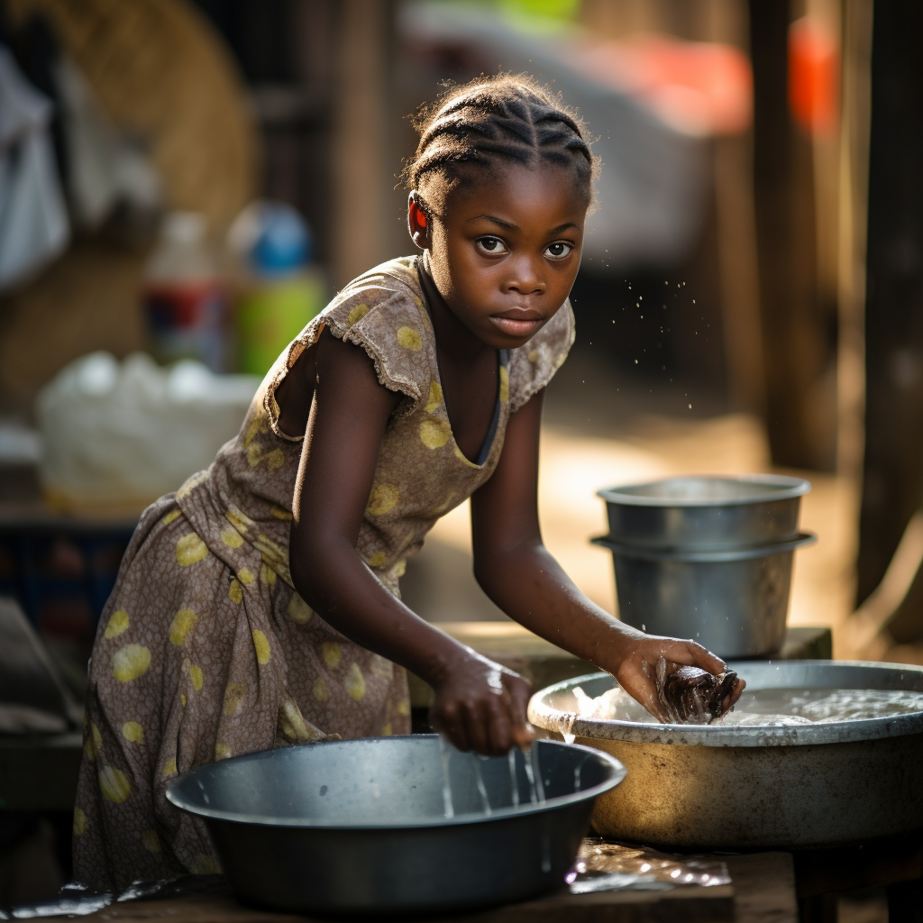 A Ghanaian primary school girl doing dishes instead of being in school because of poverty.